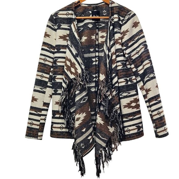 Me Jane Southwestern Fringe Open Front Cardigan Jacket Brown Cream Aztec Print - Picture 1 of 10